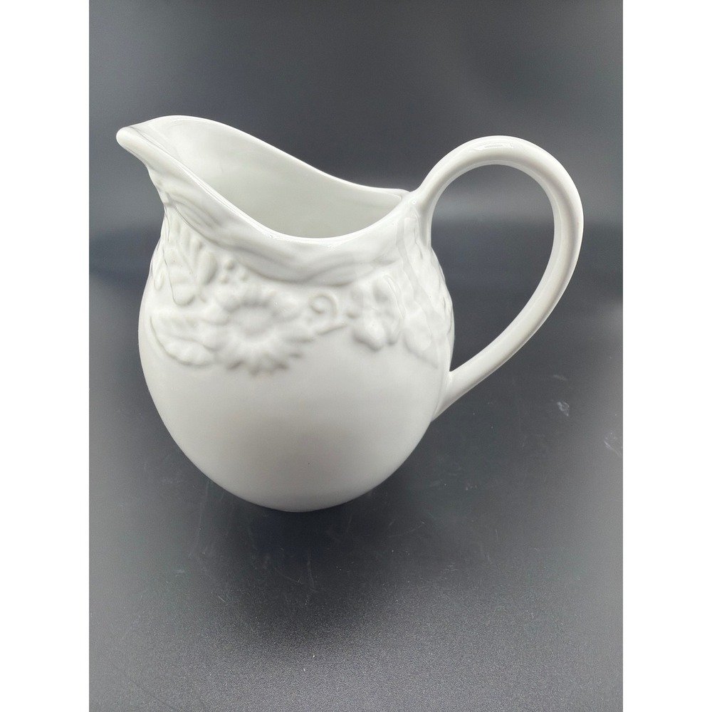 Cooks Club Whitehall Creamer Pitcher White Embossed Floral Porcelain 4.5"